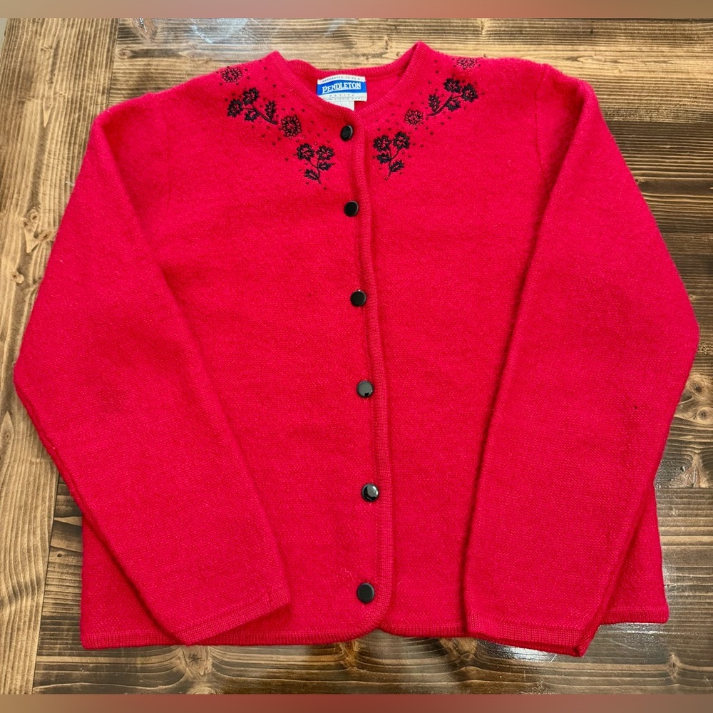 Vintage Pendleton‎ Red & Black Wool Embellished Cardigan